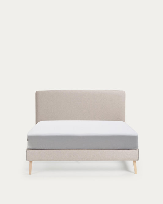 Lit déhoussable Dyla beige avec pieds en bois de hêtre pour matelas de 150 x 190 cm