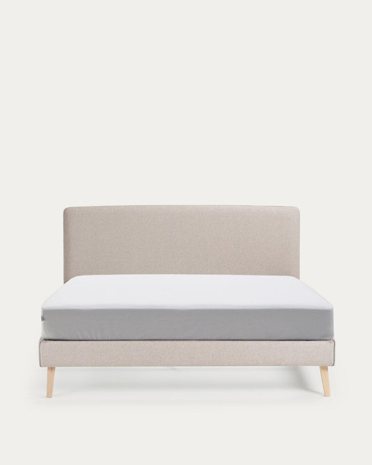 Lit déhoussable Dyla beige avec pieds en bois de hêtre pour matelas de 160 x 200 cm