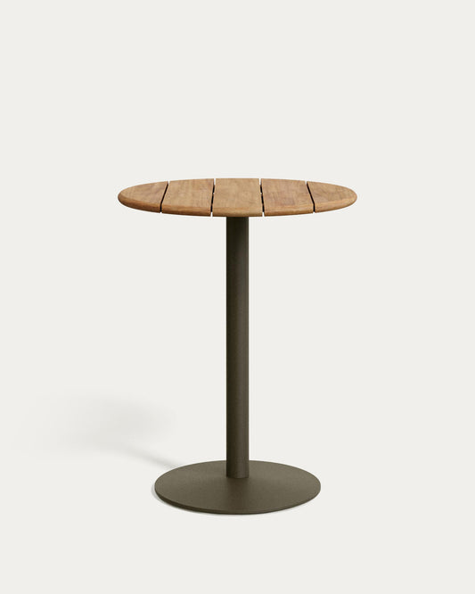 Table ronde d'extérieur Esilda avec plateau en acacia FSC 100% Ø 80 cm et pied en acier vert Ø 55 x 96 cm