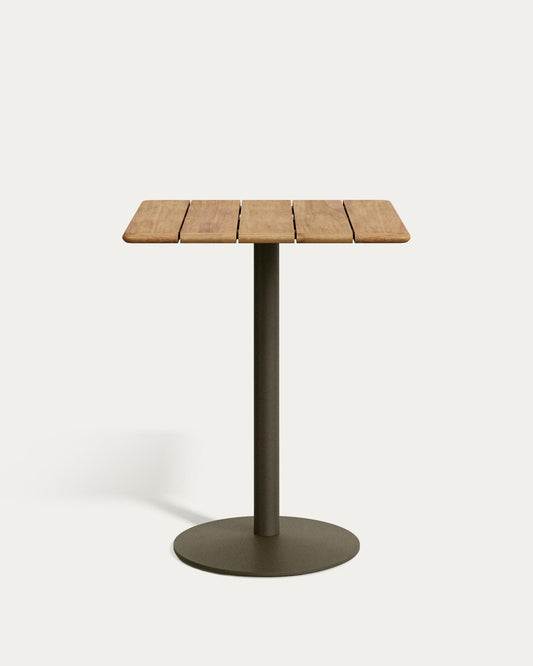 Table haute d'extérieur Esilda avec plateau en acacia FSC 100% 80 x 80 cm et pied en acier vert Ø 55 x 96 cm
