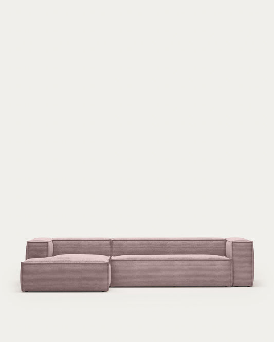 Canapé Blok 4 places en velours côtelé épais avec méridienne gauche rose 330 cm – Certifié FSC Mix Credit