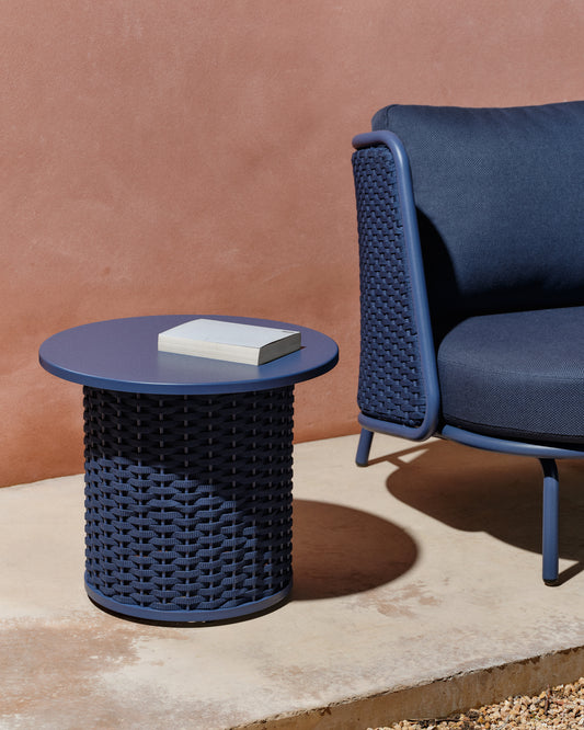 Table auxiliaire d’extérieur Sedalis en aluminium et corde bleue Ø 50 cm