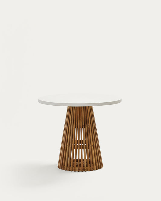 Table ronde d'extérieur Alcaufar en bois de teck et ciment blanc Ø 90 cm
