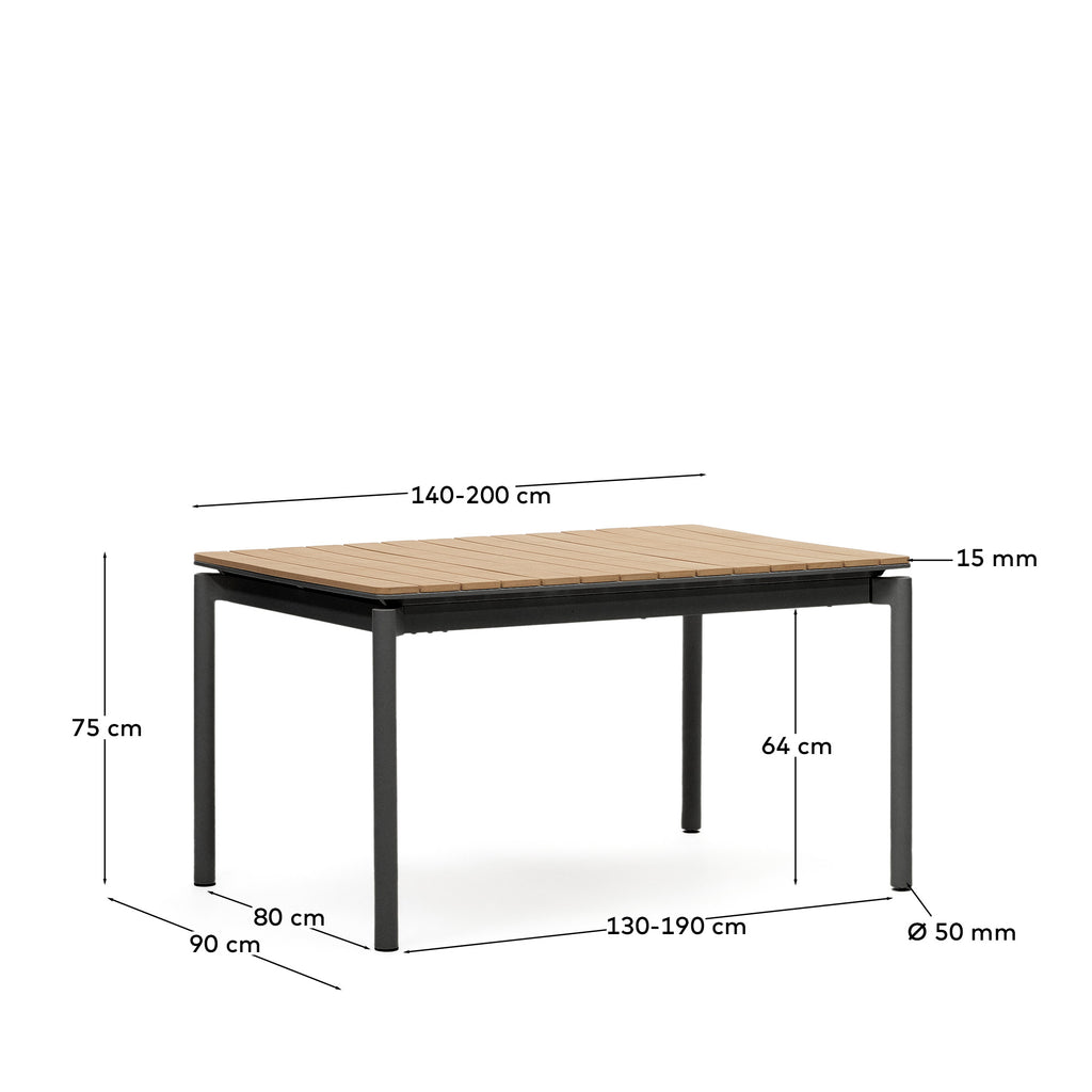Table extensible de jardin Canyelles en bois d'œuvre en plastique et aluminium noir mat 140 (200) x 90 cm
