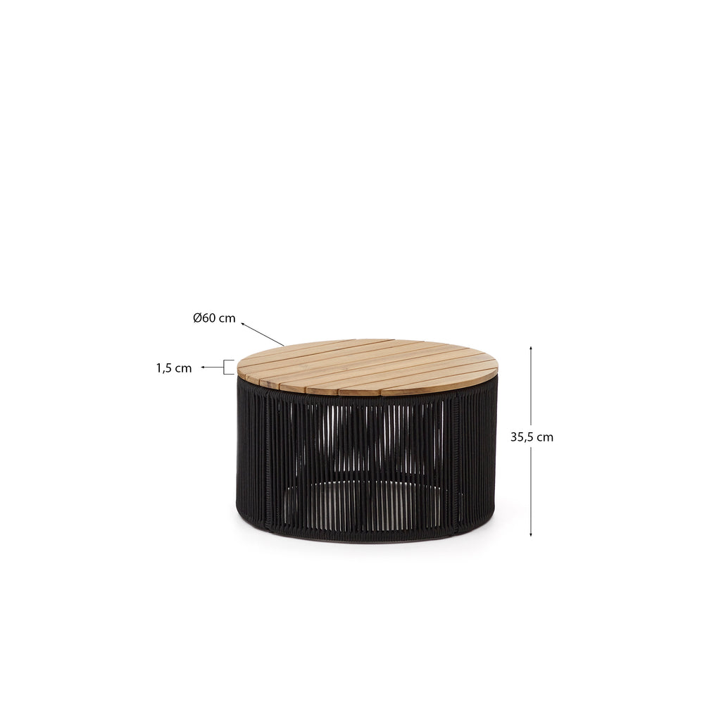 Table basse Dandara en acier, corde noire et bois acacia  Ø60 cm FSC 100 %