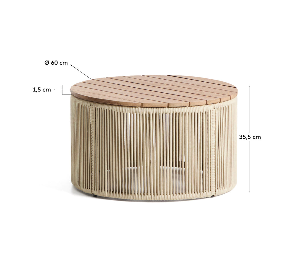Table basse Dandara en acier, corde écrue et bois d’acacia Ø 60 cm FSC 100 %