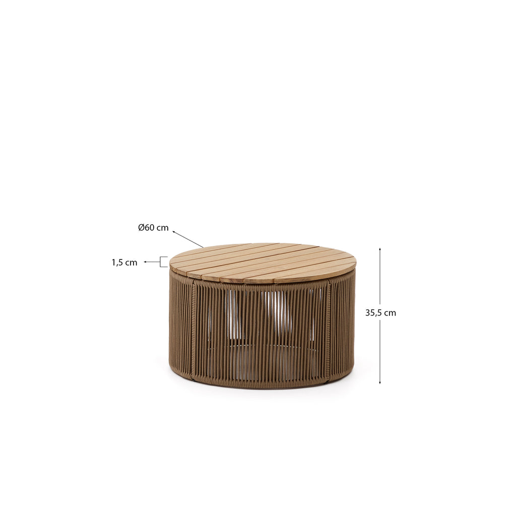 Table basse Dandara en acier, corde beige et bois d'acacia Ø60 FSC 100 %