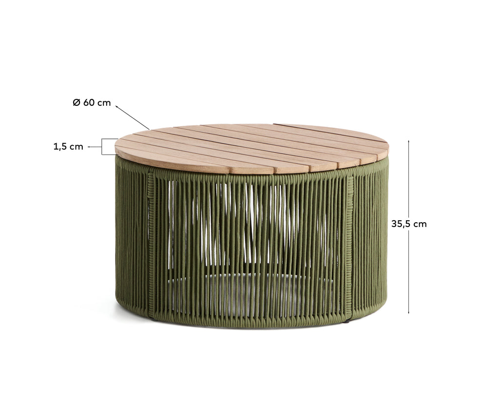 Table basse Dandara en acier, corde verte et bois d’acacia Ø 60 cm FSC 100 %