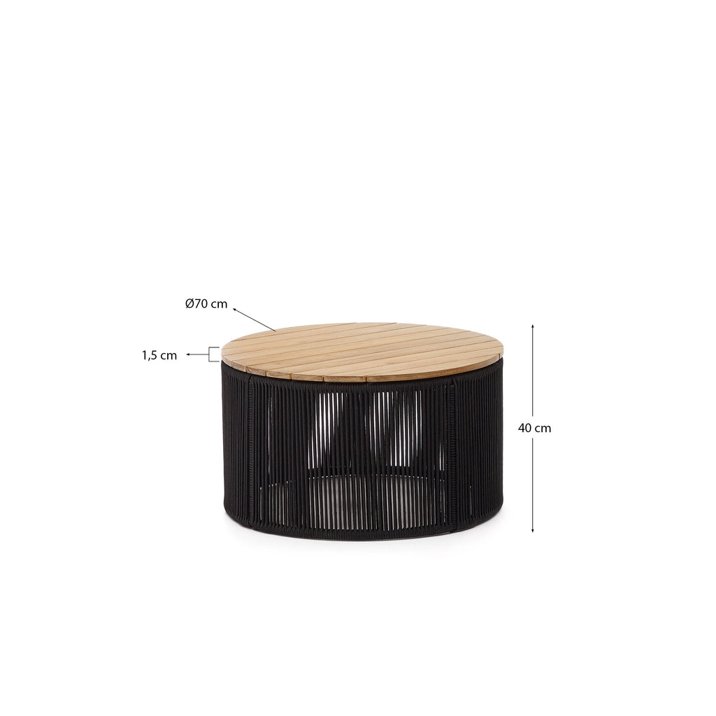Table basse Dandara en acier, corde noire et bois d'acacia Ø70 cm FSC 100 %
