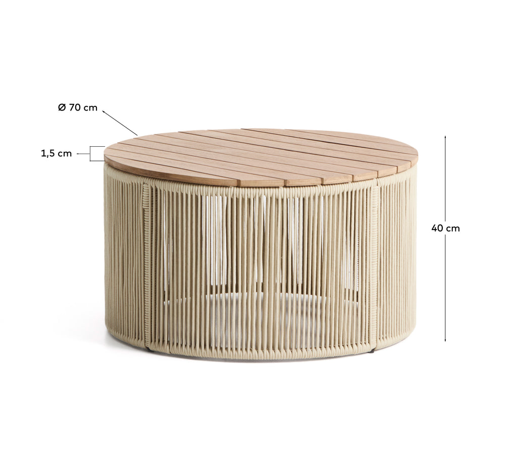 Table basse Dandara en acier, corde écrue et bois d’acacia Ø 70 cm FSC 100 %