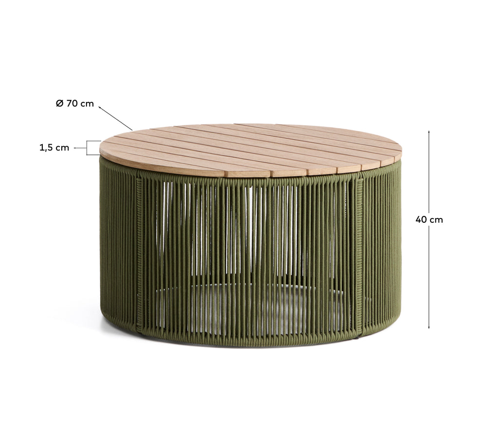 Table basse Dandara en acier, corde verte et bois d’acacia Ø 70 cm FSC 100 %