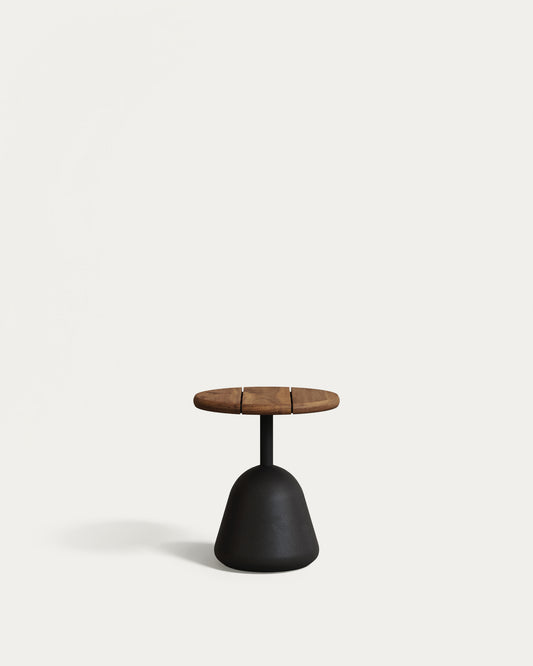Table basse Saura avec plateau en acacia, finition noyer et pied en ciment noir Ø43x48cm