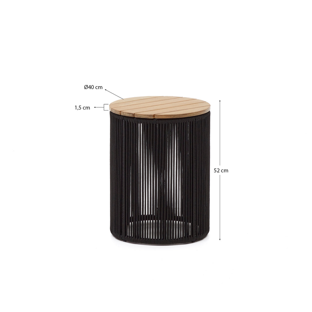 Table auxiliaire Dandara en acier, corde noire et bois d'acacia  Ø40 cm FSC 100 %
