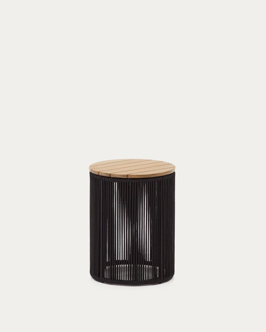 Table auxiliaire Dandara en acier, corde noire et bois d'acacia  Ø40 cm FSC 100 %
