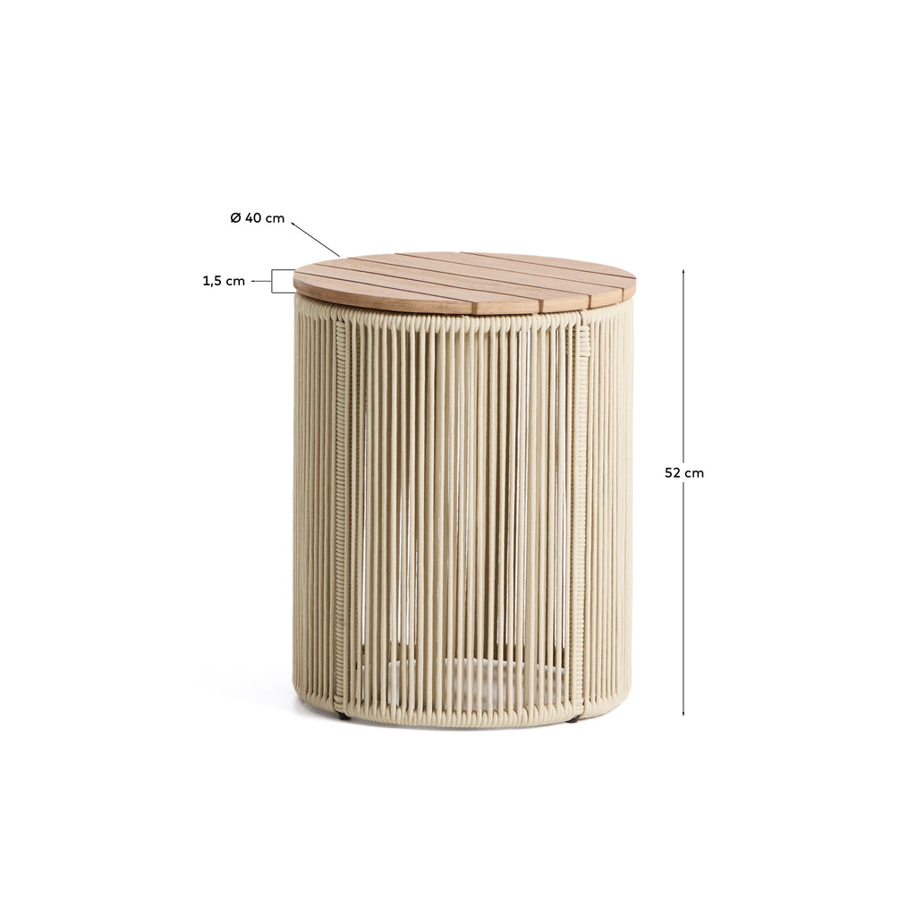 Table auxiliaire Dandara en acier, corde écrue et bois d’acacia Ø 40 cm FSC 100 %