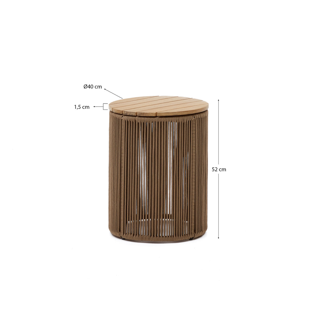 Table auxiliaire Dandara en acier, corde beige et bois d' acacia Ø40 cm FSC 100 %