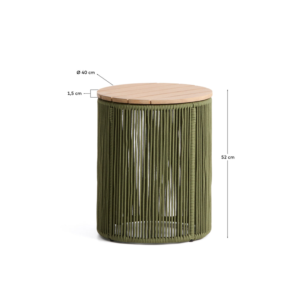 Table auxiliaire Dandara en acier, corde verte et bois d’acacia Ø 40 cm FSC 100 %