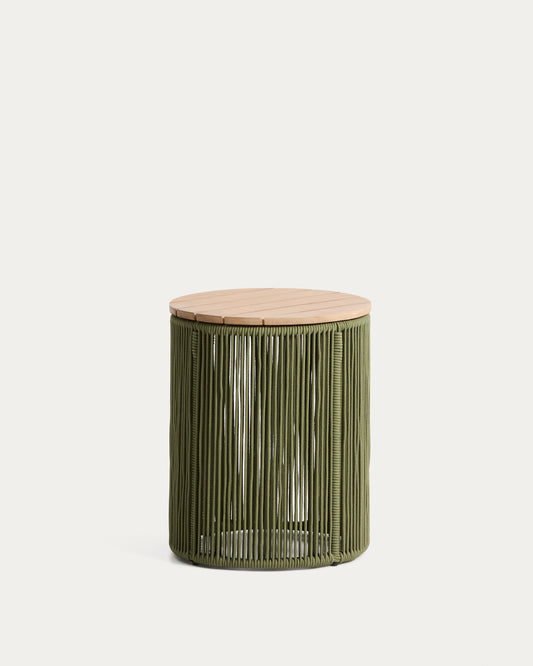 Table auxiliaire Dandara en acier, corde verte et bois d’acacia Ø 40 cm FSC 100 %