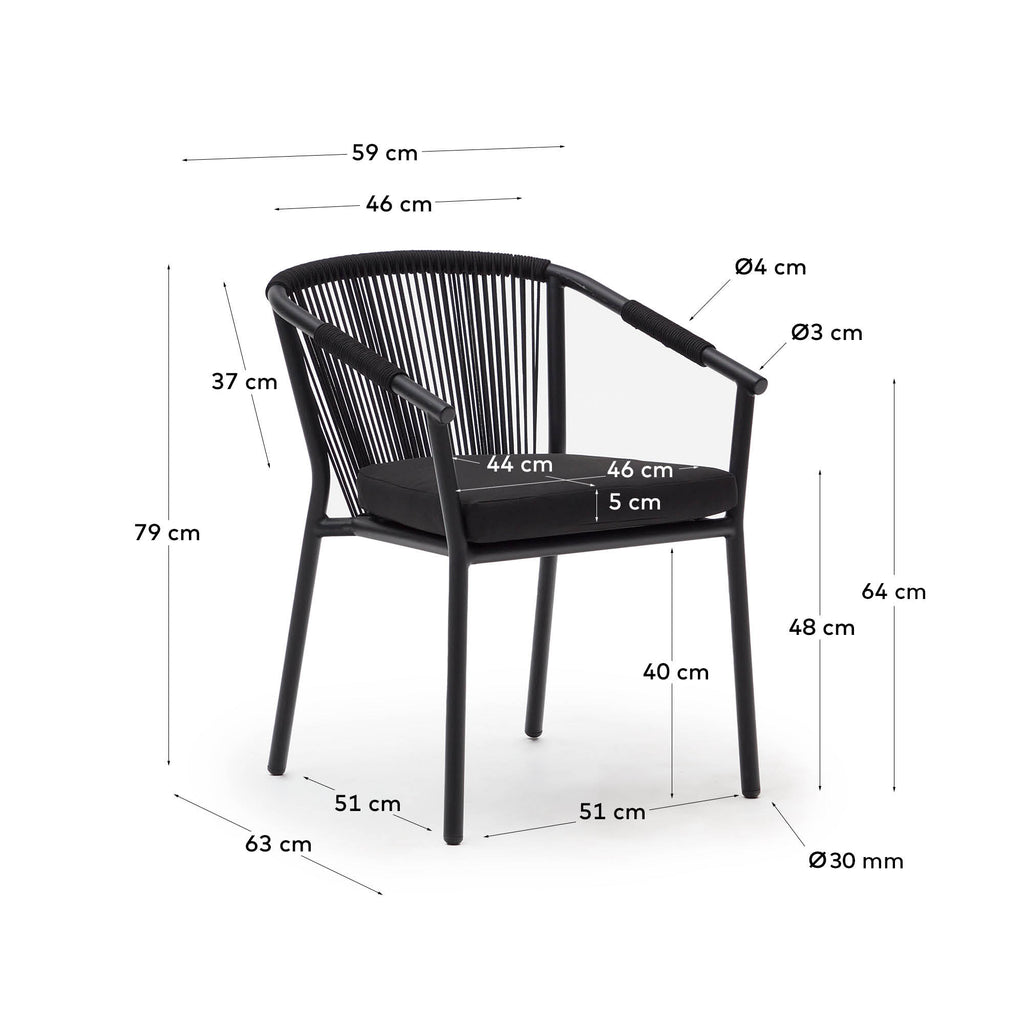 Chaise empilable d’extérieur Xelida en aluminium et corde noire