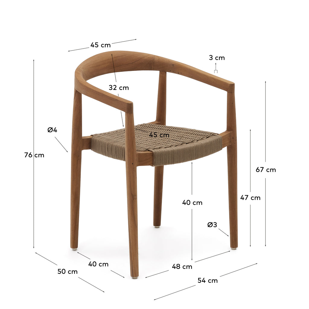 Chaise empilable d’extérieur Ydalia en bois massif de teck finition naturelle et corde beige