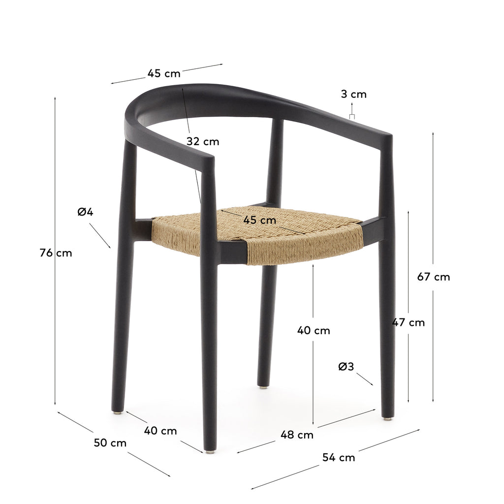 Chaise empilable d’extérieur Ydalia en bois massif de teck finition noire et corde en rotin synthétique