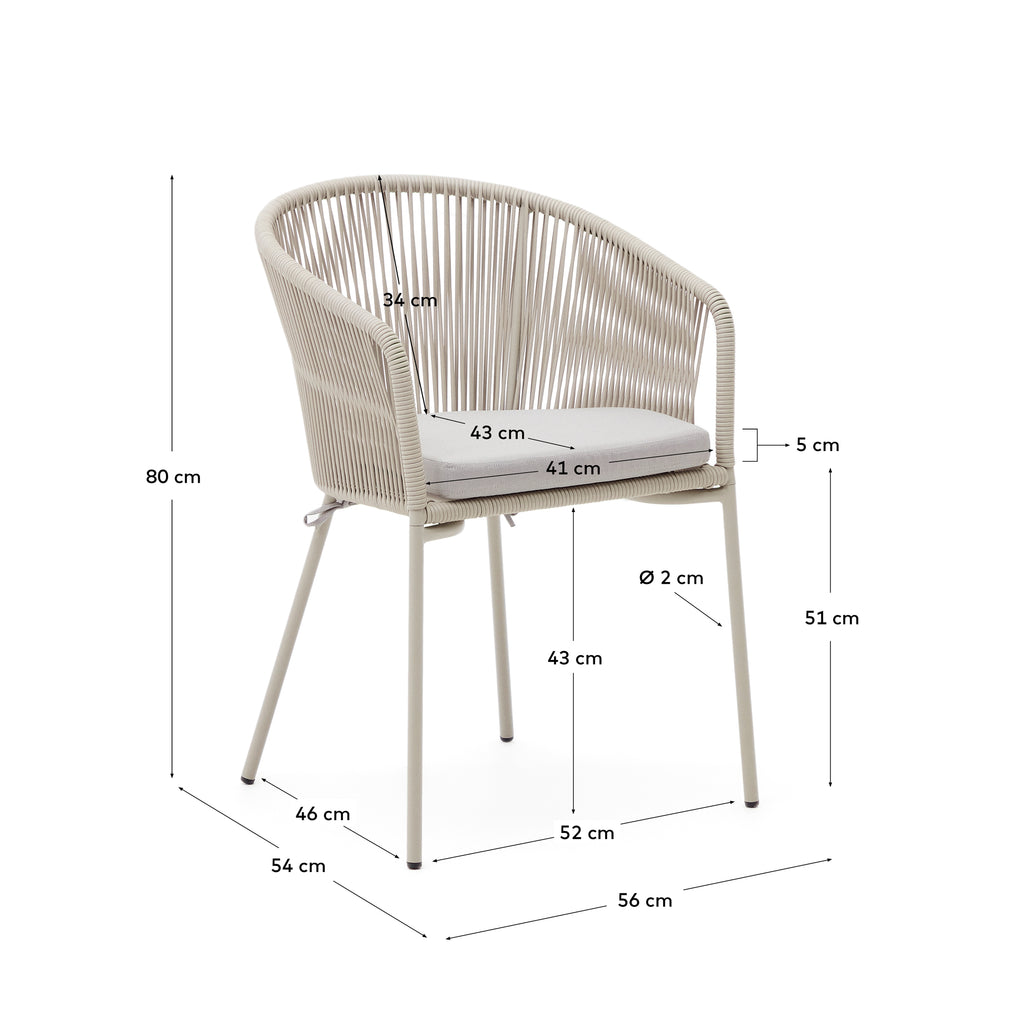 Chaise Yanet en corde synthétique écru avec pieds en acier galvanisé