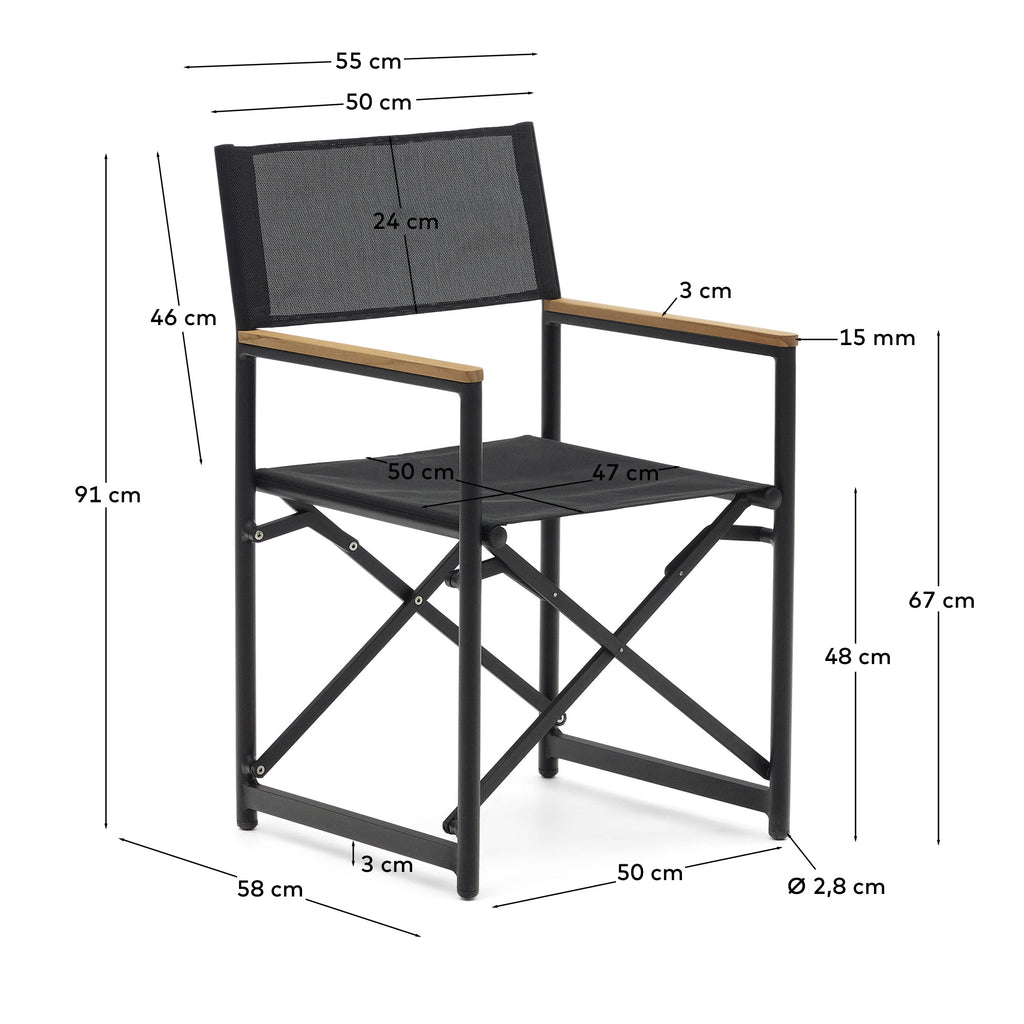 Chaise pliante 100 % d'extérieur Llado aluminium noir et accoudoirs en bois de teck