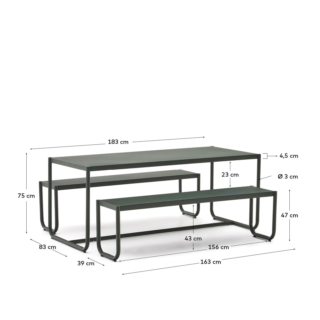 Ensemble Sotil de 2 bancs et table en acier galvanisé, finition verte 183 x 83 cm