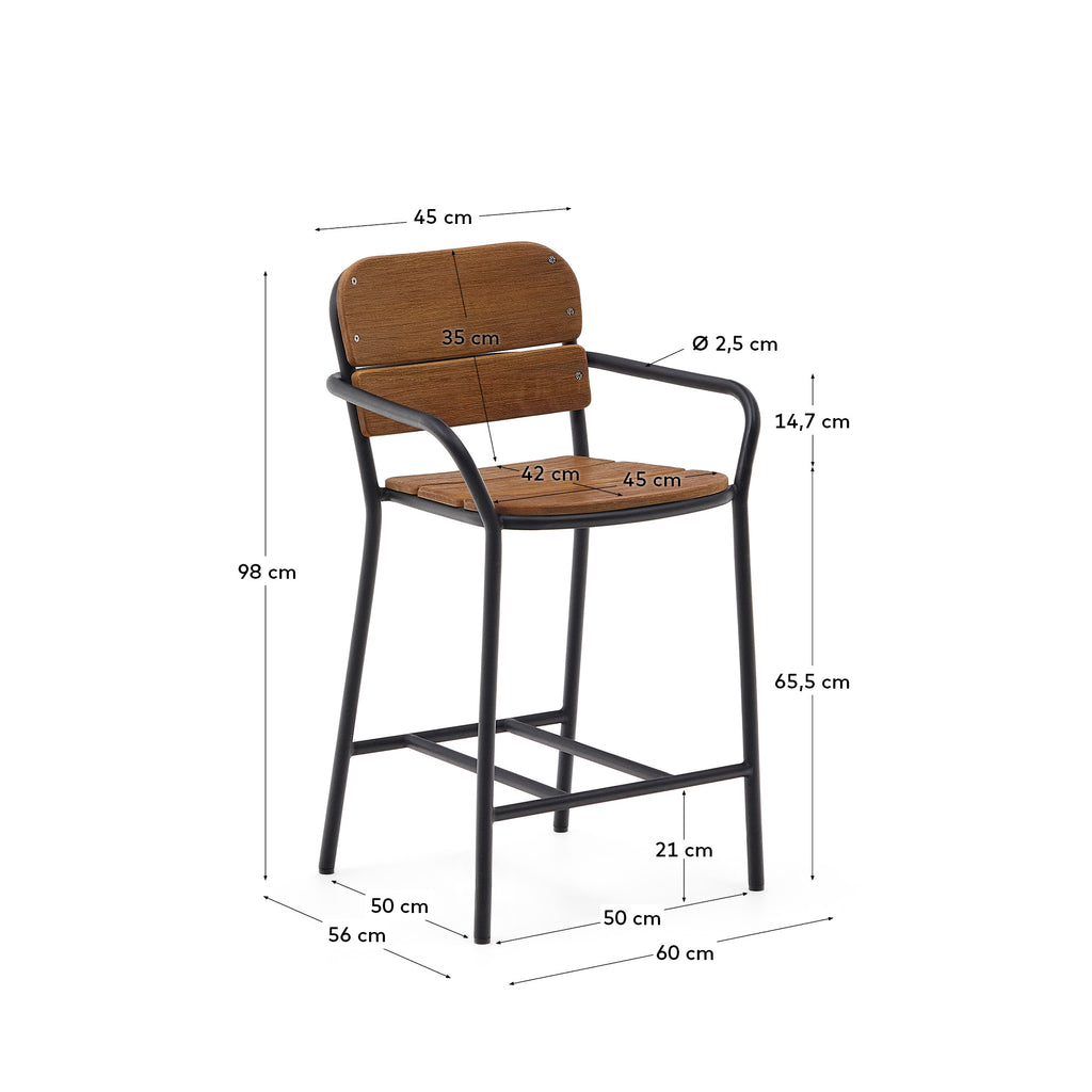 Tabouret Algueret en bois d'eucalyptus, finition naturelle et aluminium noir 65 cm FSC 100 %