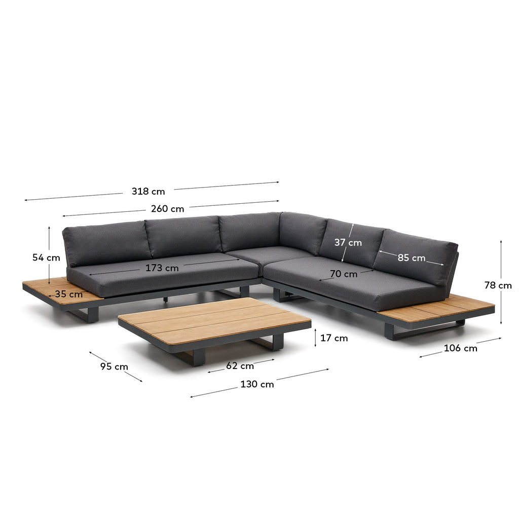 Set Tosqueta canapé d’angle 5 places et table en aluminium et bois de teck certifié FSC 100 %