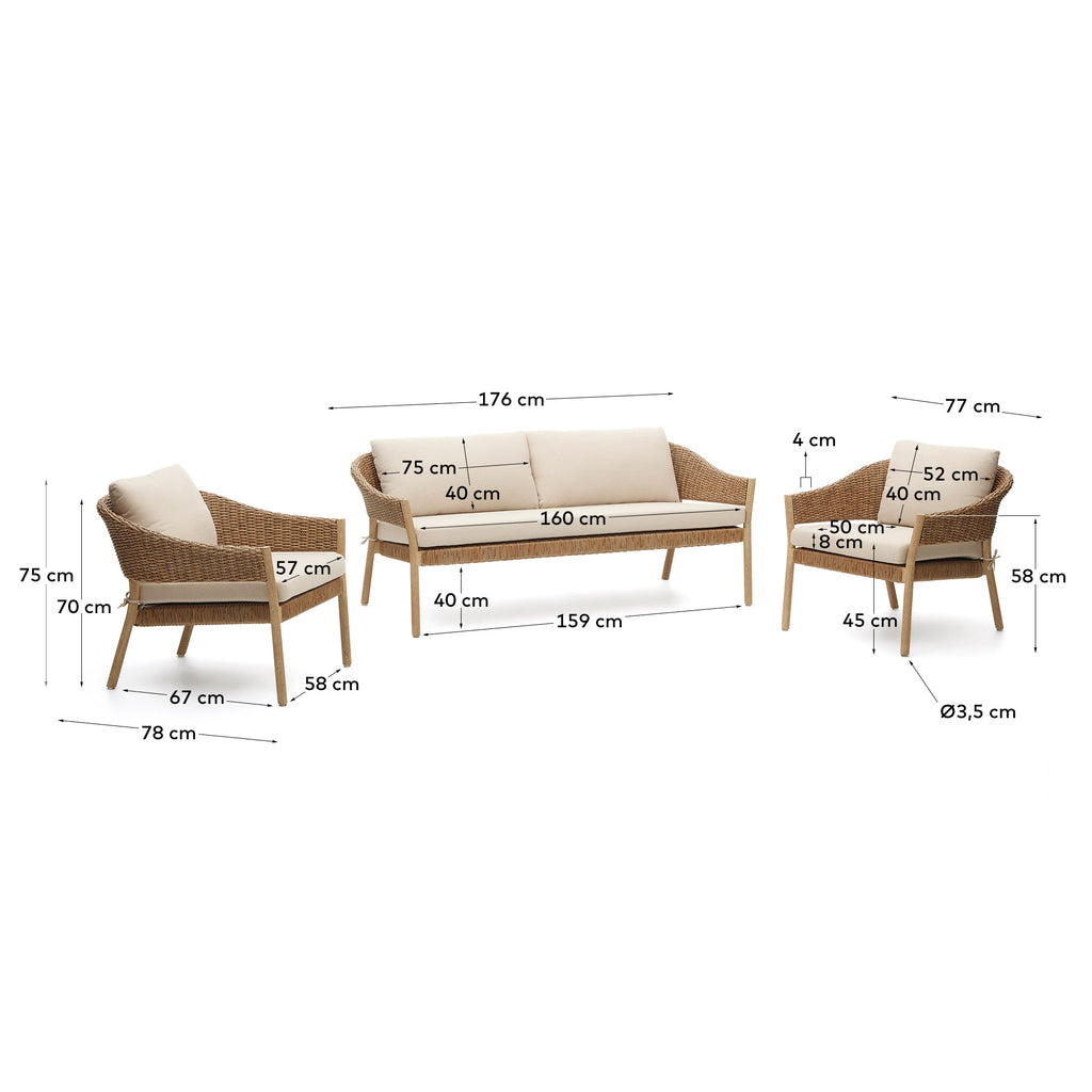 Ensemble Pola canapé 2 places 2 fauteuils bois eucalyptus et rotin synthétique FSC