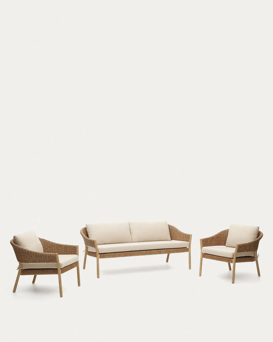 Ensemble Pola canapé 2 places 2 fauteuils bois eucalyptus et rotin synthétique FSC