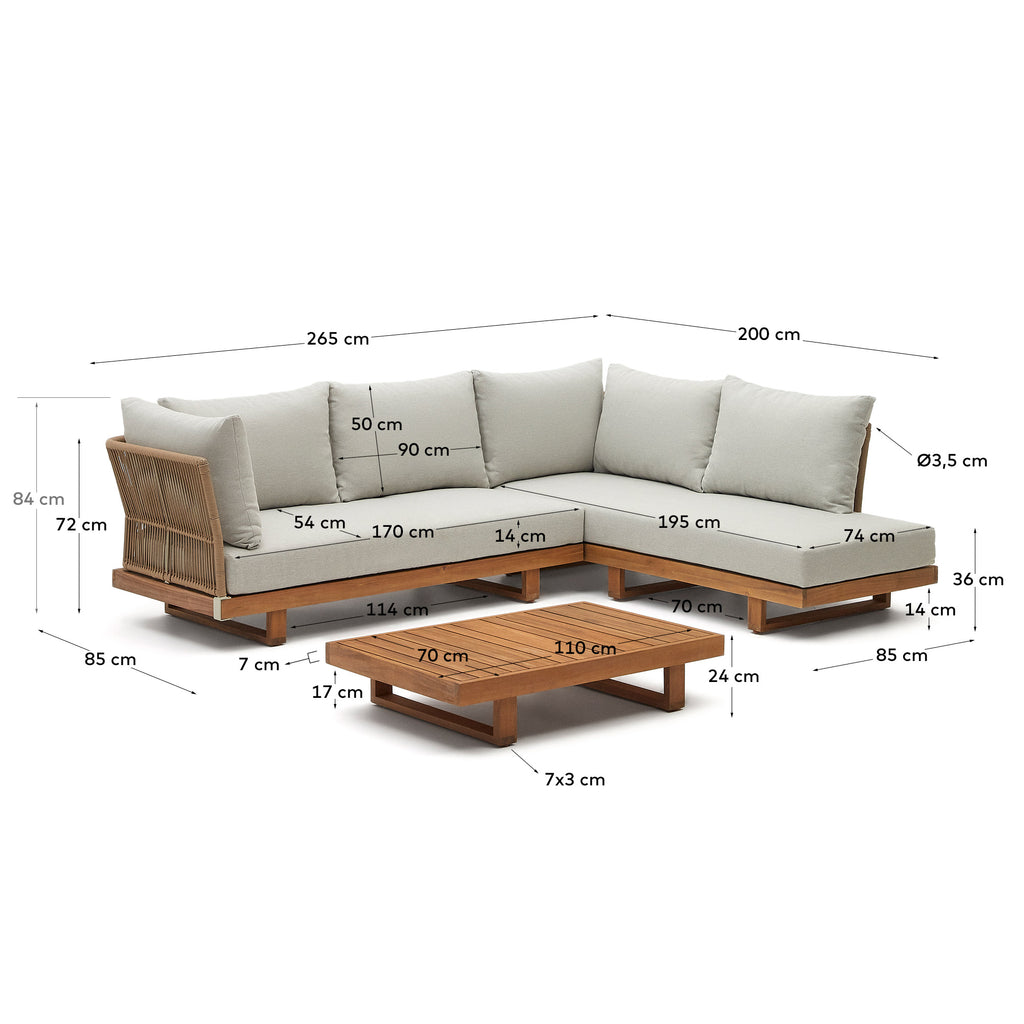 Ensemble Raco de canapé d'angle 5 places et table basse en bois d'acacia