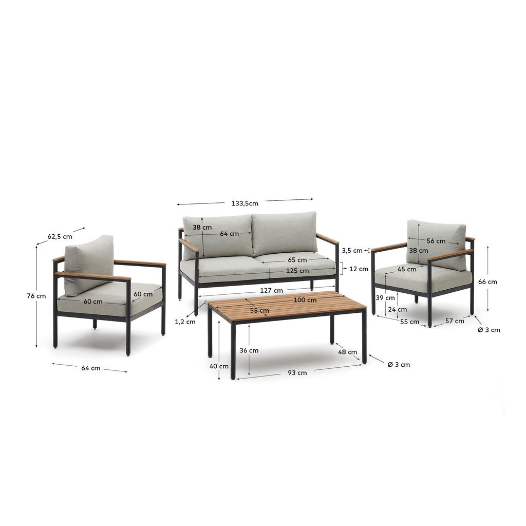 Ensemble Aiguafreda canapé 2 places, 2 fauteuils, table basse aluminium gris bois acacia