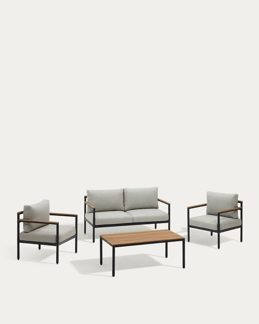 Ensemble Aiguafreda canapé 2 places, 2 fauteuils, table basse aluminium gris bois acacia