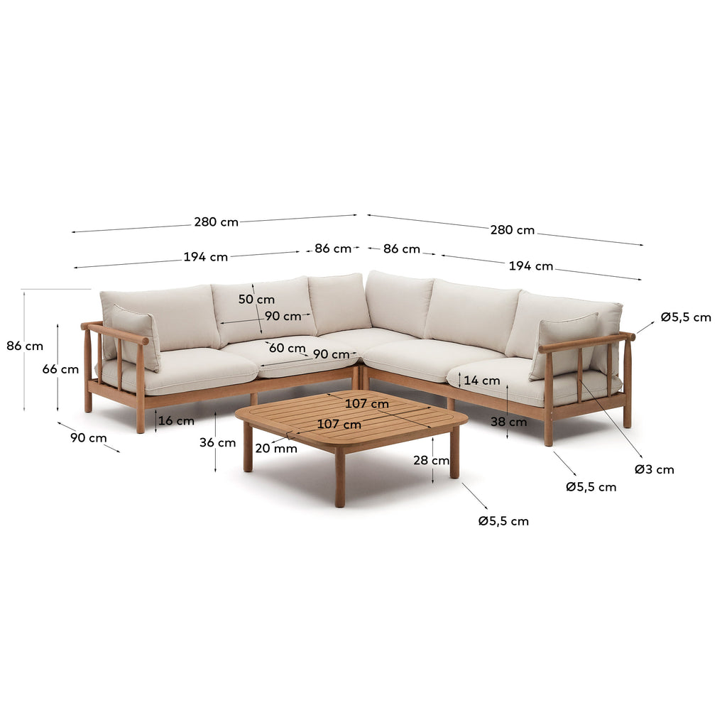 Ensemble Sacova canapé d'angle 5 places et table basse en bois d'eucalyptus