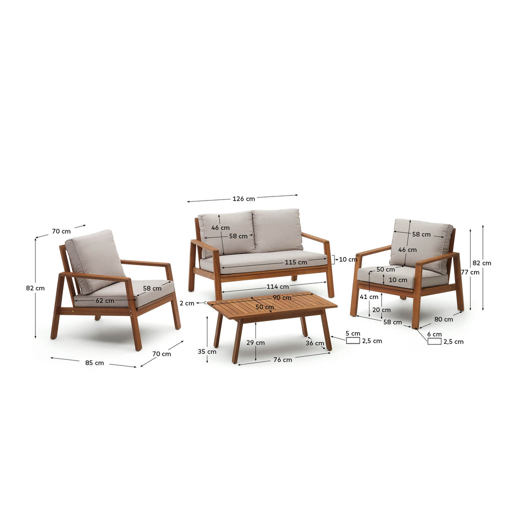 Ensemble Frares de canapé 2 places, 2 fauteuils et table basse en bois d'acacia