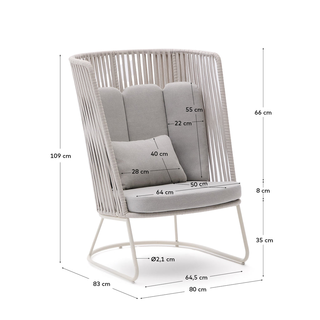 Fauteuil d’extérieur avec dossier haut Saconca en corde et acier galvanisé gris