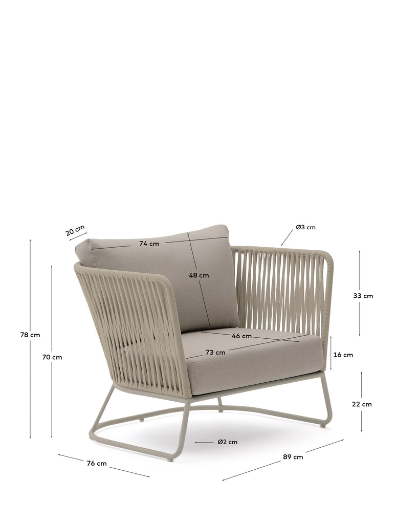 Fauteuil d’extérieur Saconca en corde et acier galvanisé beige