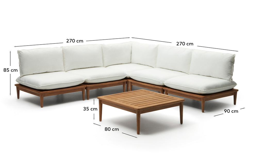 Set modulable Portitxol fauteuil d'angle, 4 fauteuils et table basse bois de teck