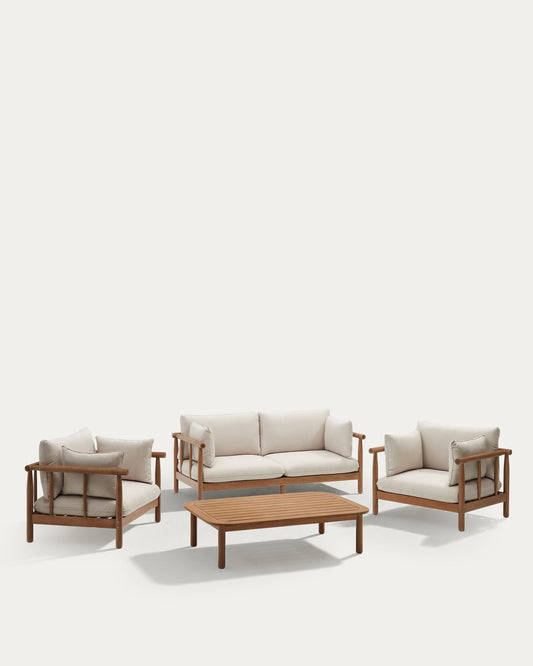 Sacova ensemble de 2 fauteuils, canapé 2 places et table basse en bois d'eucalyptus FSC