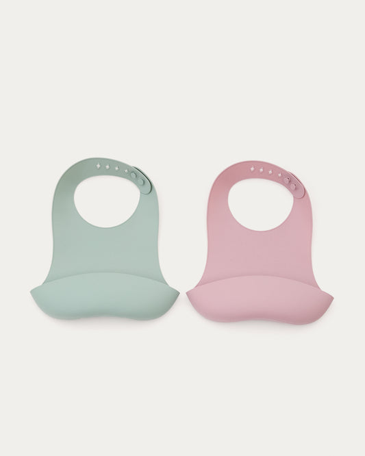 Ensemble Lili de 2 bavoirs en silicone rose et turquoise