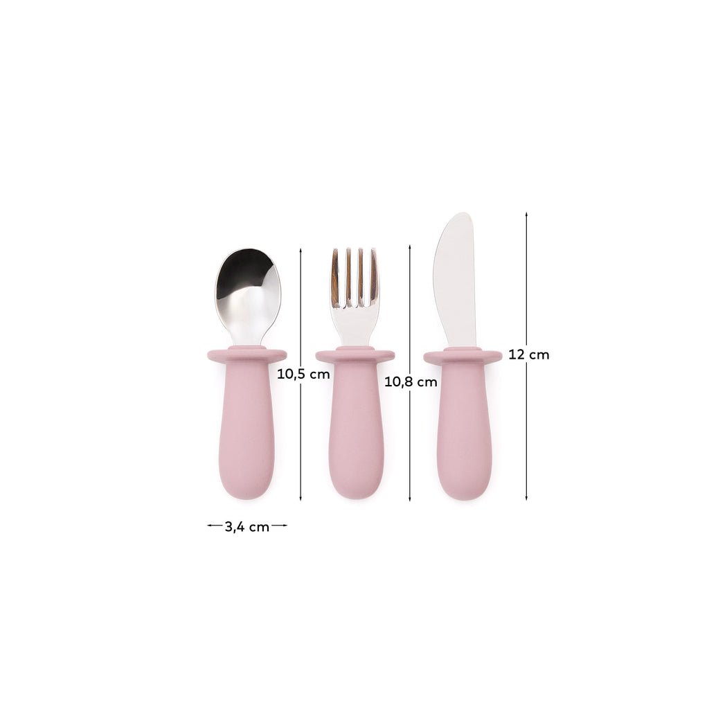 Ensemble Lili de cuillère, fourchette et couteau en silicone rose