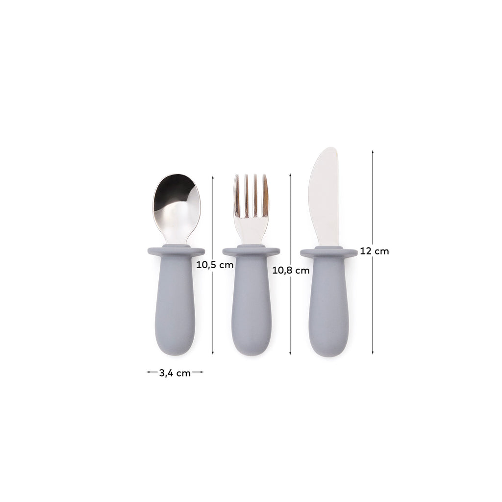 Ensemble Lili de cuillère, fourchette et couteau en silicone bleu