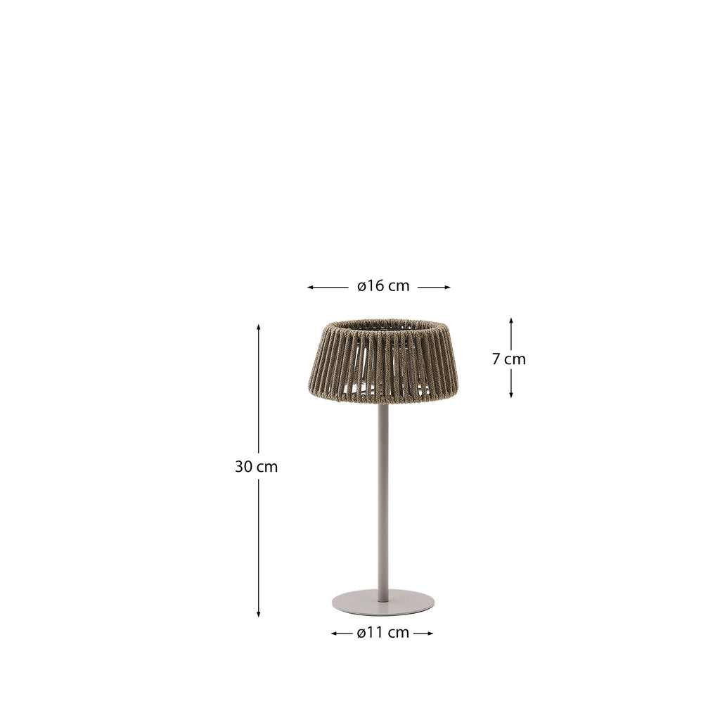 Lampe de table solaire d’extérieur Aldet en corde chinée beige et pied en métal beige