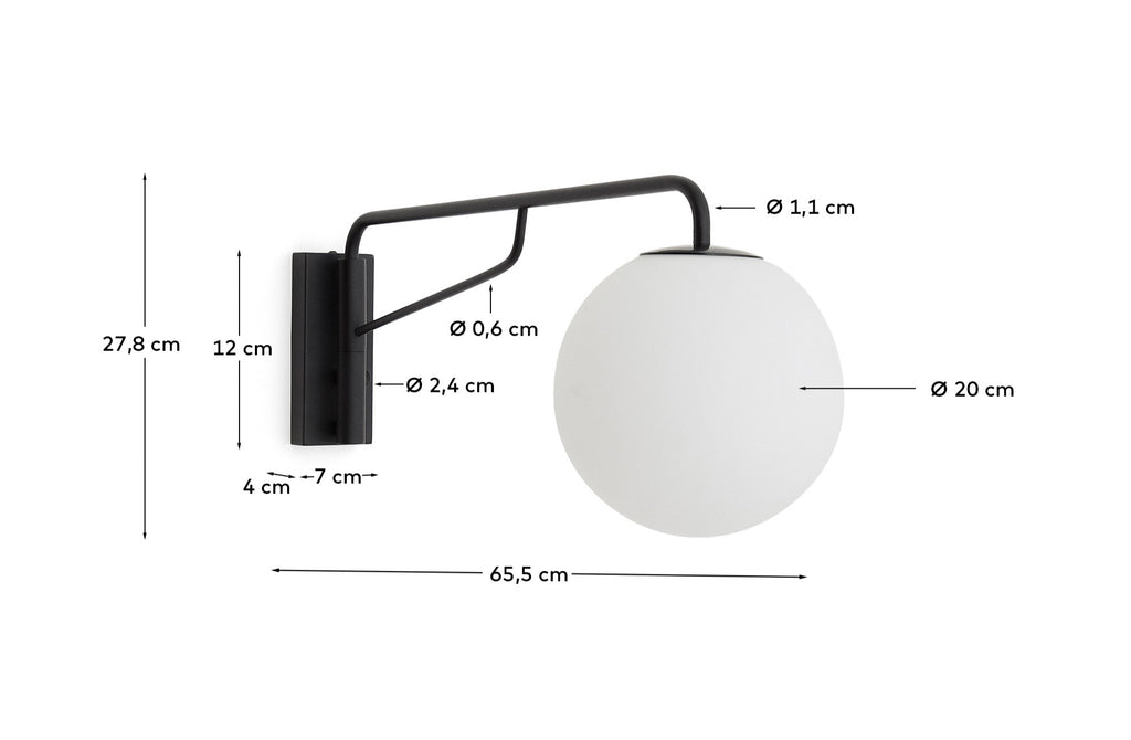 Applique murale Eilo en acier noir et boule en verre dépoli
