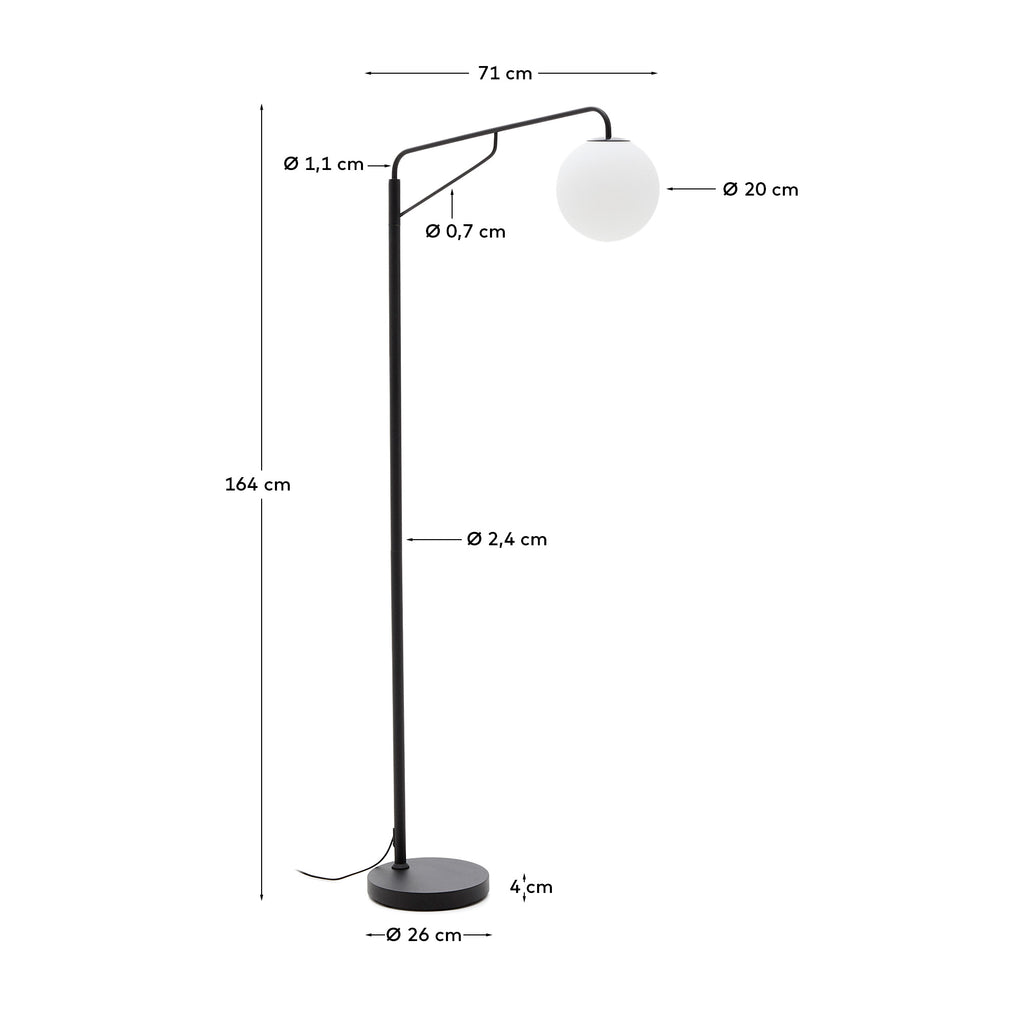 Lampadaire Eilo en acier noir avec boule en verre dépoli