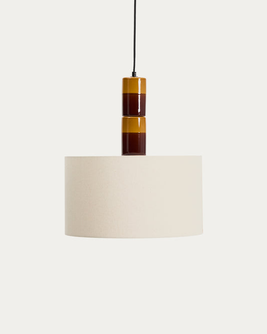 Plafonnier Mavran en céramique couleur marron et moutarde et abat-jour en coton