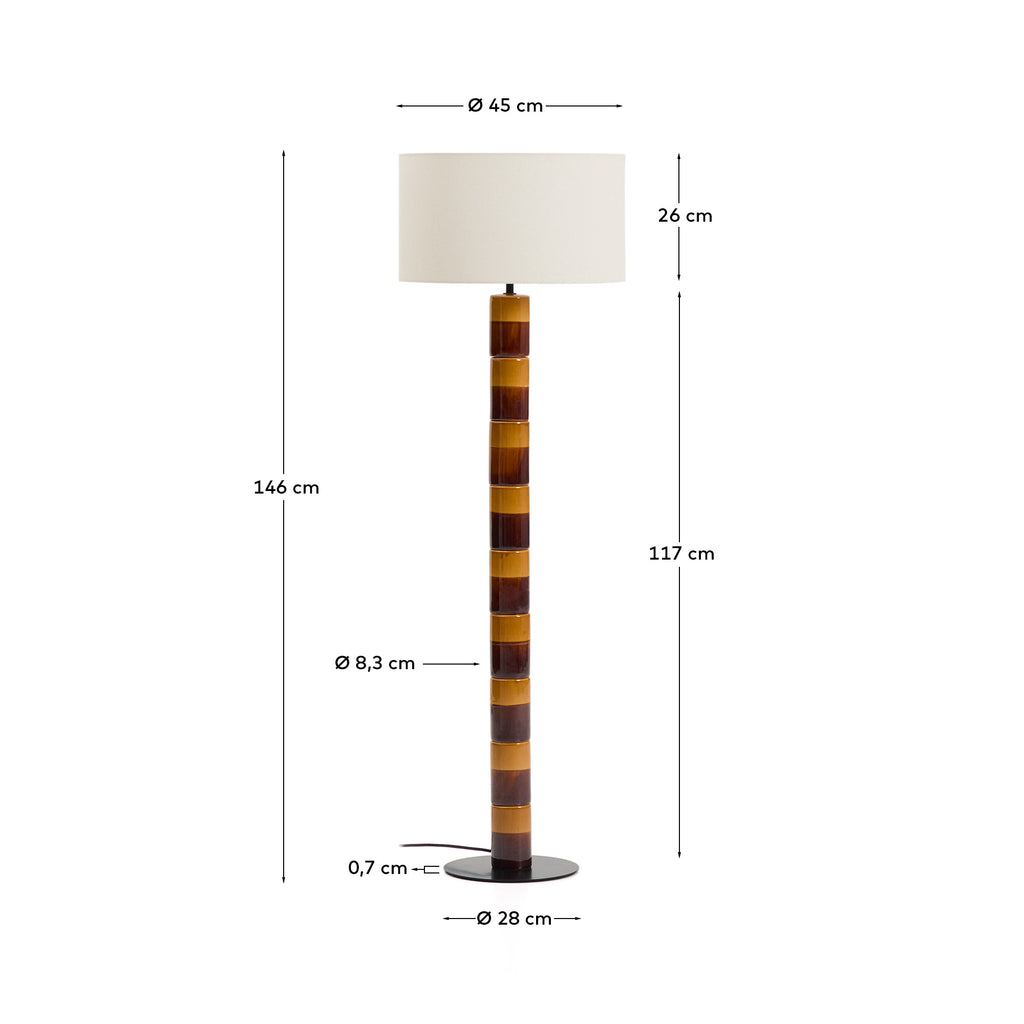 Lampadaire en Mavran avec pied en céramique couleur marron et moutarde et abat-jour en coton