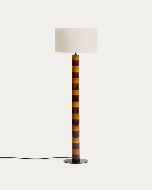 Lampadaire en Mavran avec pied en céramique couleur marron et moutarde et abat-jour en coton
